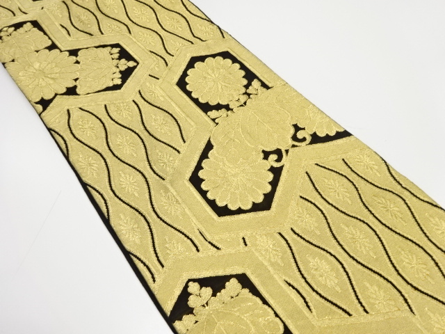 アンティーク　毘沙門亀甲に立涌・桐菊模様織出し袋帯（着用可）